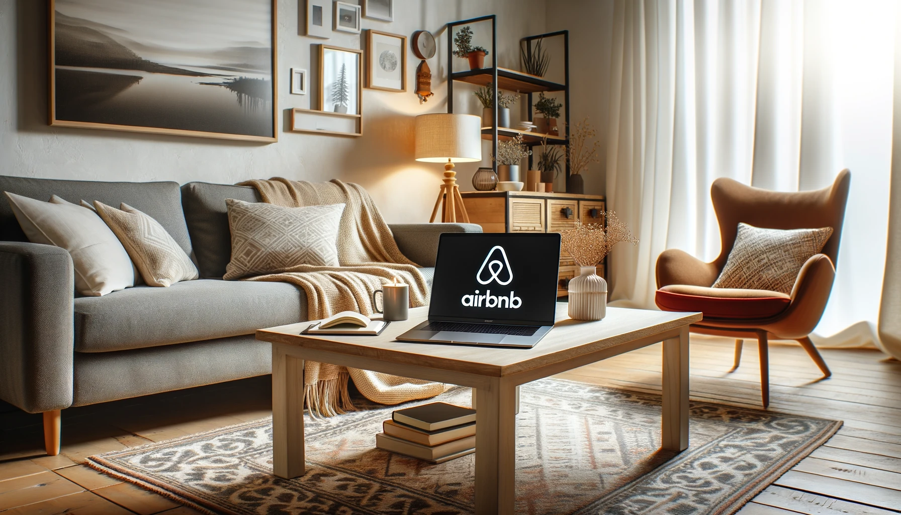 Stylish Airbnb living room with a laptop showcasing the Airbnb logo.