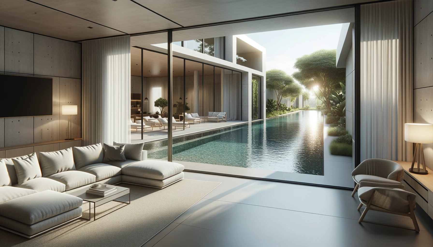 Contemporary living area with clear glass walls providing a view of a lavish backyard pool