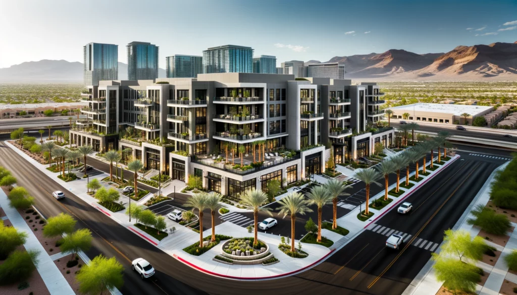 A commercial real estate property management in North Las Vegas with modern design and green surroundings.