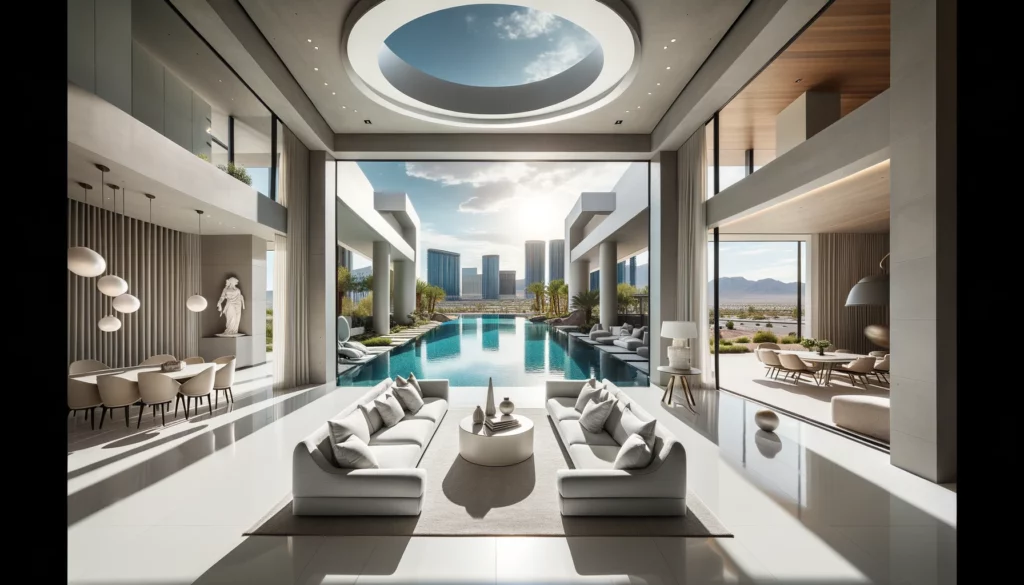 property management of a  Contemporary Las Vegas living room with a panoramic view of the infinity pool.