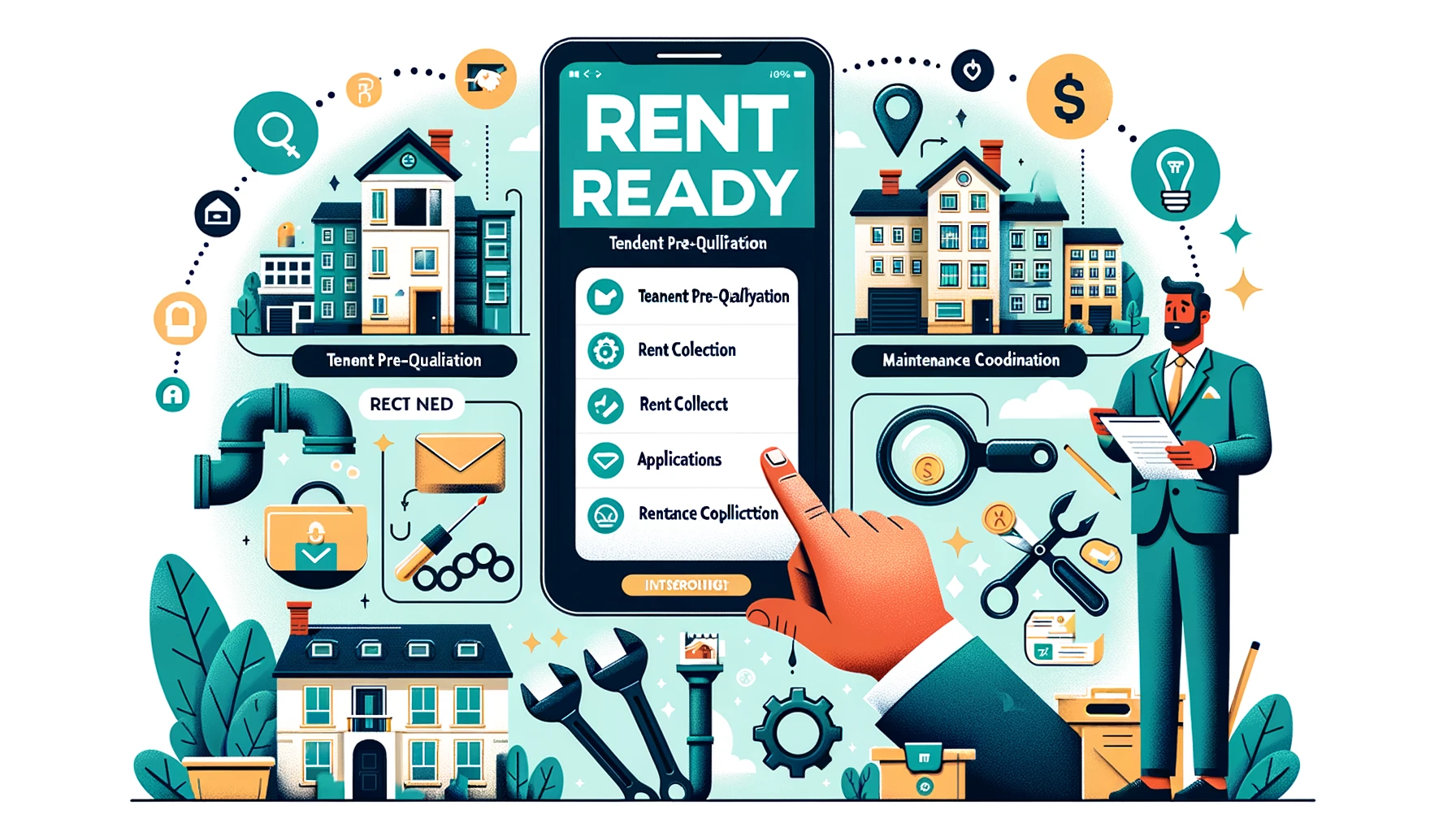 Illustration of the Rent Ready platform dashboard with features like tenant pre-qualification, maintenance coordination, and rent collection. Landlord reviewing applications and coordinating tasks, with an interview scene featuring CEO Ryan and platform logos in the background.