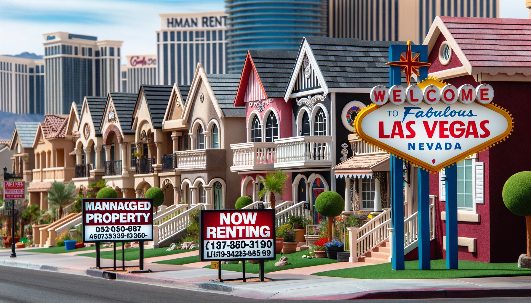 Busy Las Vegas street with real estate signs and billboards showcasing properties for rent or sale
