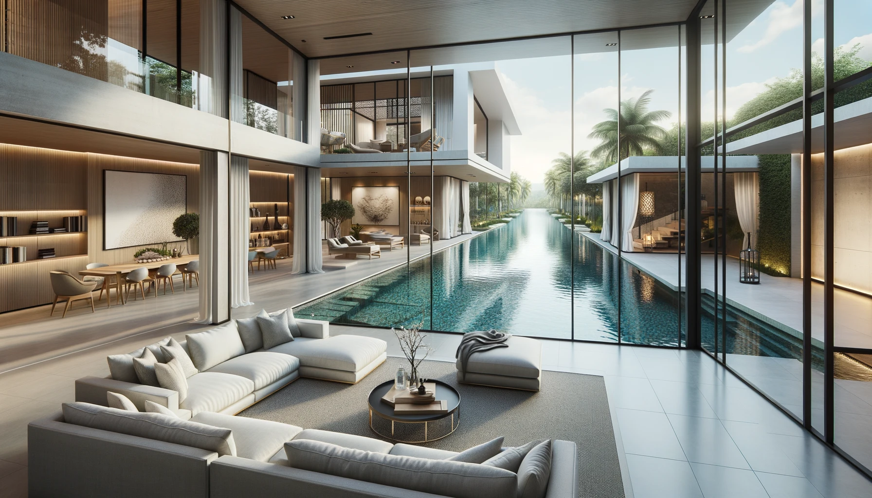 Minimalist living room interior with a panoramic view of an outdoor swimming pool.