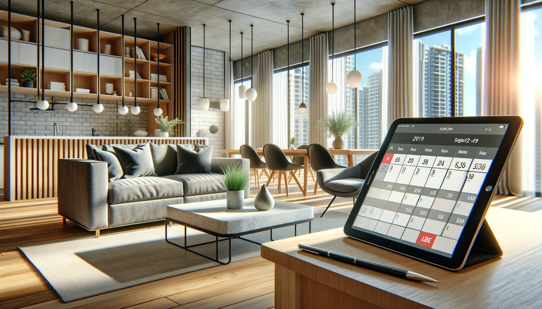 A modern apartment living room with a tablet displaying a booking calendar for short term rentals.