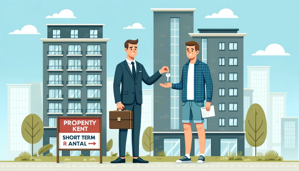  Illustration of a property manager handing keys to a guest in front of a chic urban apartment.