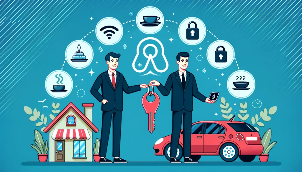  Illustration of a property manager handing over Airbnb keys with symbols of amenities.
