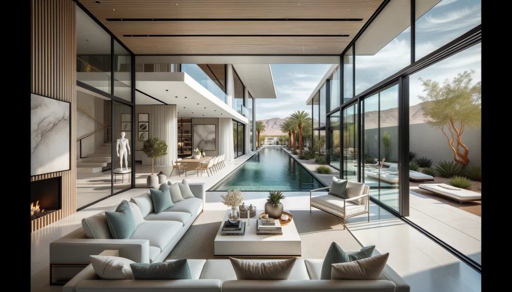 nevada landlord law: Interior view of a modern Las Vegas home showcasing sliding doors leading to an infinity pool.
