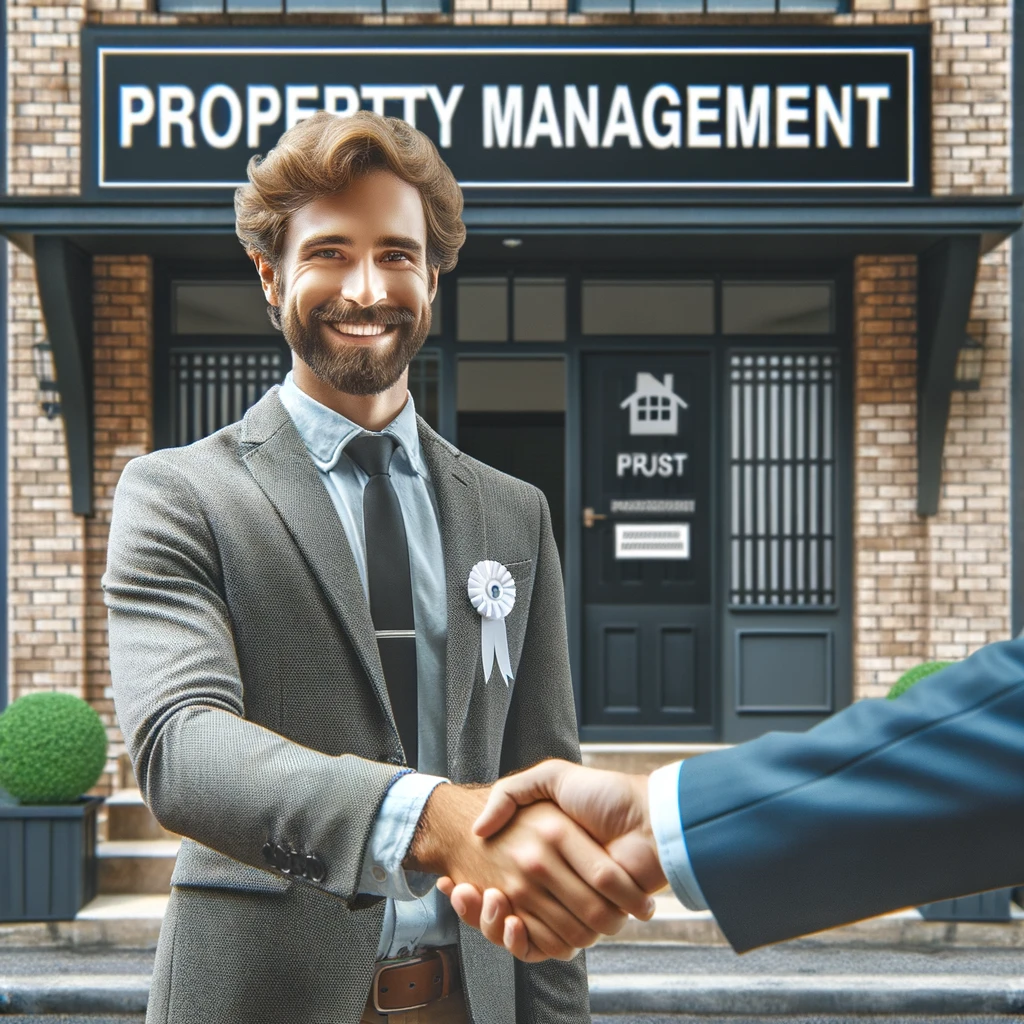 Real estate agent and business owner handshake in front of Property Management building.