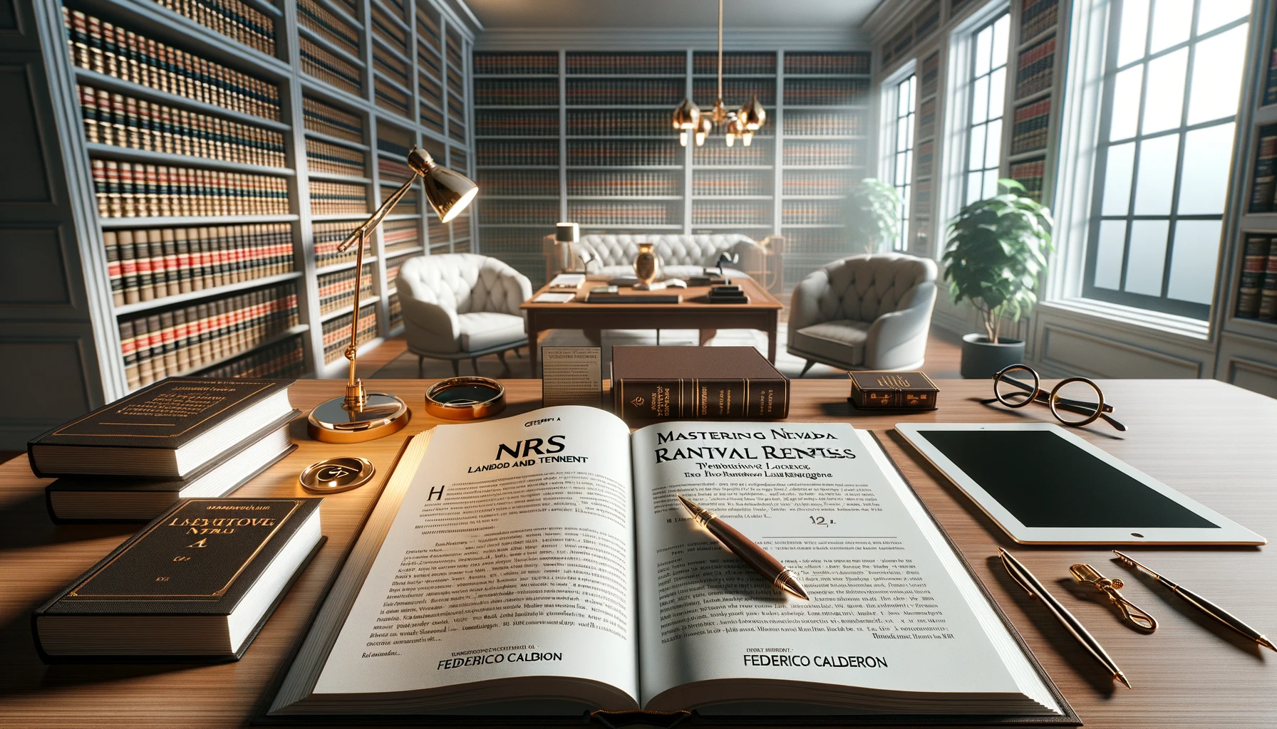 Upscale legal study room with an open document titled 'NRS: CHAPTER 118A – LANDLORD AND TENANT: DWELLINGS', adjacent to a guidebook, on a polished wooden desk with legal literature in the backdrop