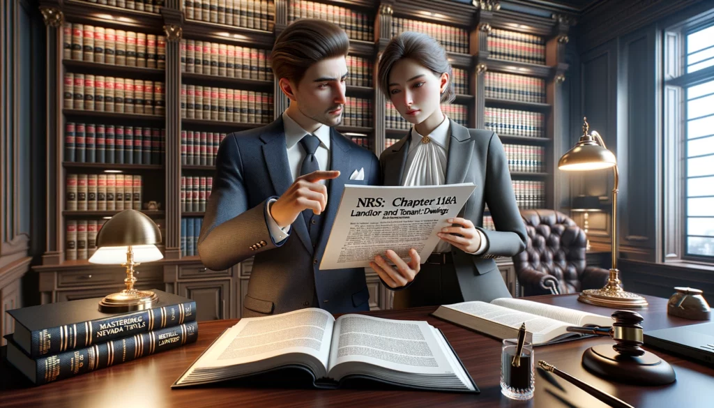 Two professionals in an upscale legal study room discussing the 'NRS: CHAPTER 118A – LANDLORD AND TENANT: DWELLINGS' document, with legal books and a guidebook on a wooden desk