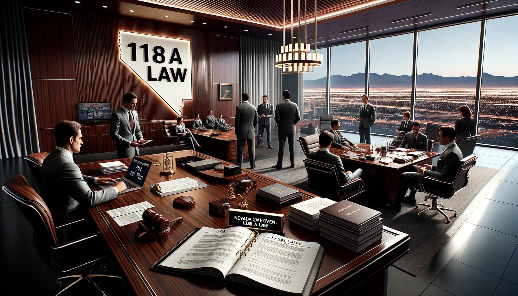 Sophisticated legal office with sharply-dressed lawyers discussing Nevada's 118A Law, with Las Vegas cityscape in the background