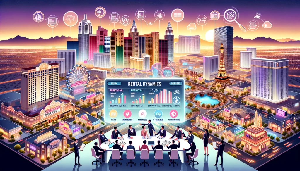 Illustrated Las Vegas cityscape with rental management discussions, charts, and documents in a modern office setting
