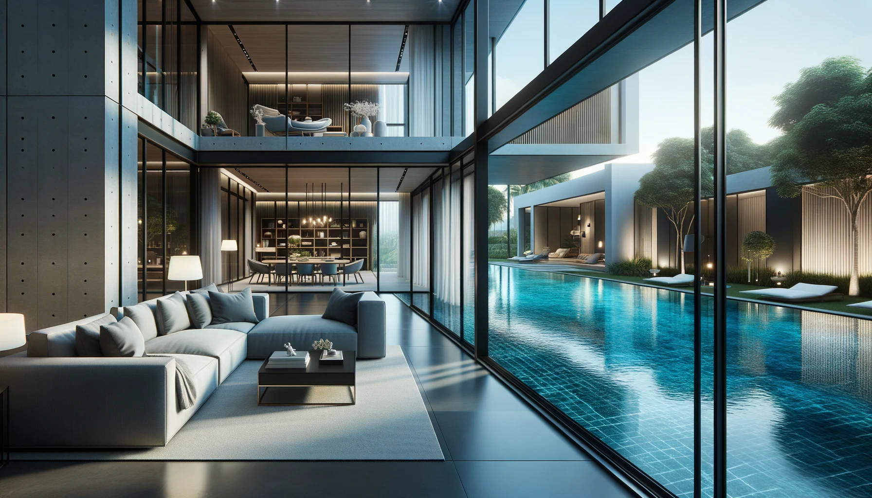 Modern living room with floor-to-ceiling windows showcasing a luxurious pool view.