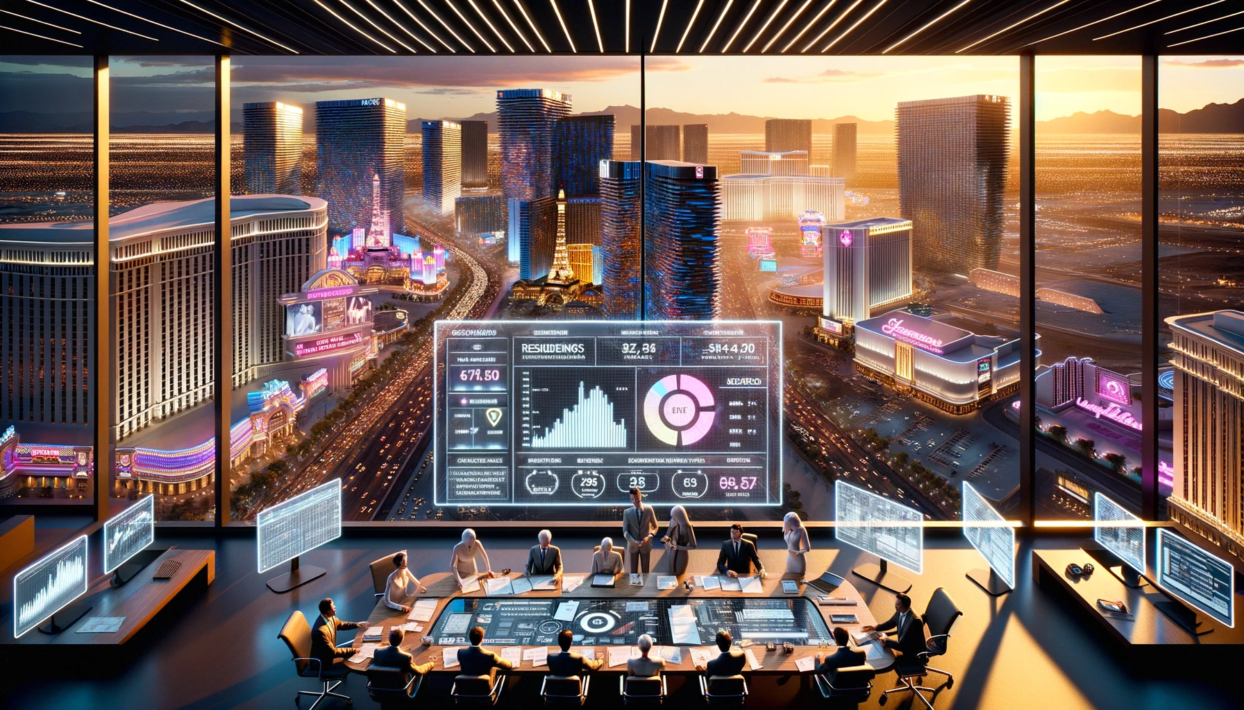 Hyperrealistic depiction of Las Vegas cityscape at sunset with a detailed office interior showcasing rental management discussions and data
