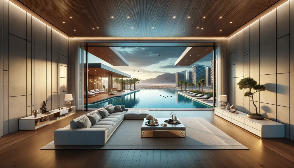 Property Laws: Interior view of a Las Vegas house with sliding doors to an infinity pool.