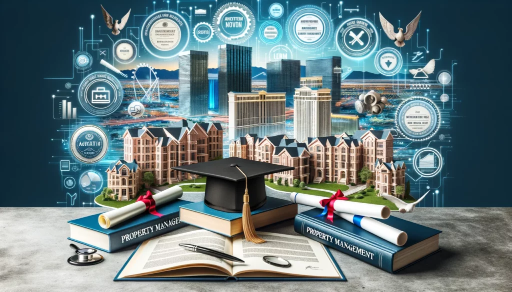 Academic materials related to property management with a Las Vegas university backdrop
