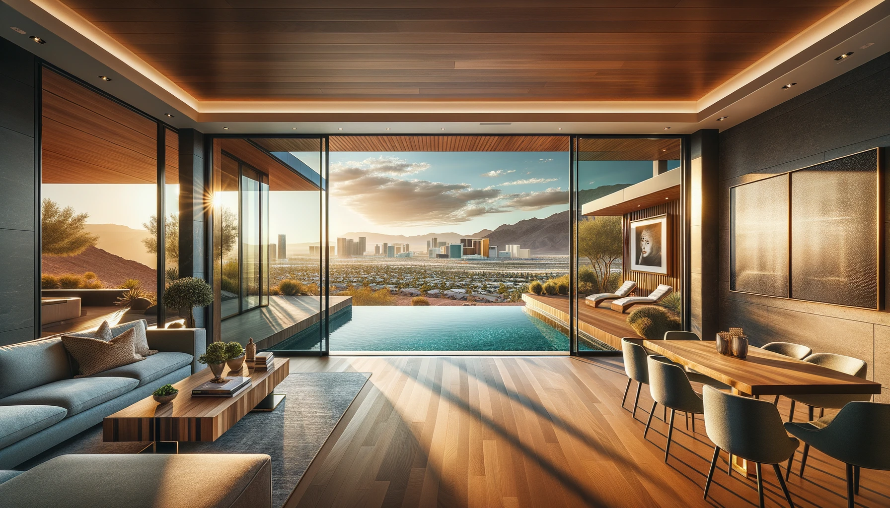 Property Laws: Las Vegas, Showcasing a Modern Las Vegas home interior with view to infinity pool.