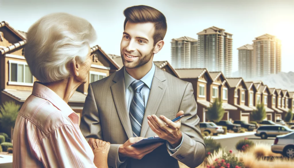 Professional property manager in Las Vegas interacting with a resident of a multifamily apartment.