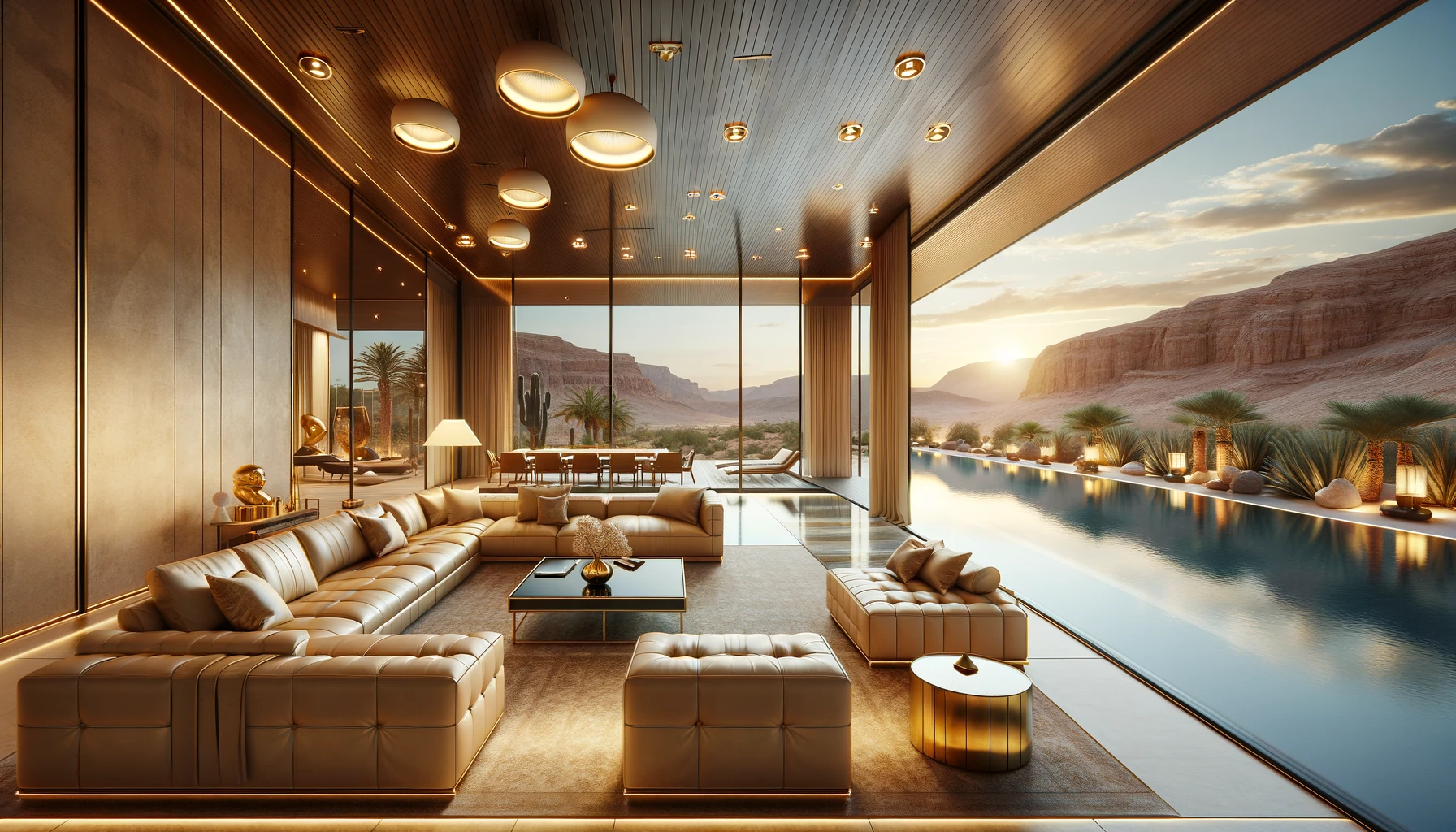 Key Conventions and events for airbnb: Elegant modern home interior with harmonious golden accents, overlooking a stunning infinity pool that merges into a typical Las Vegas desert landscape.