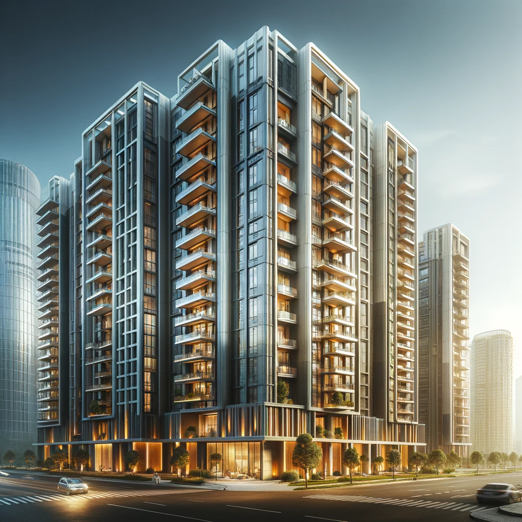 Property Classes: Luxurious modern residential high-rise building with illuminated facade at dusk."