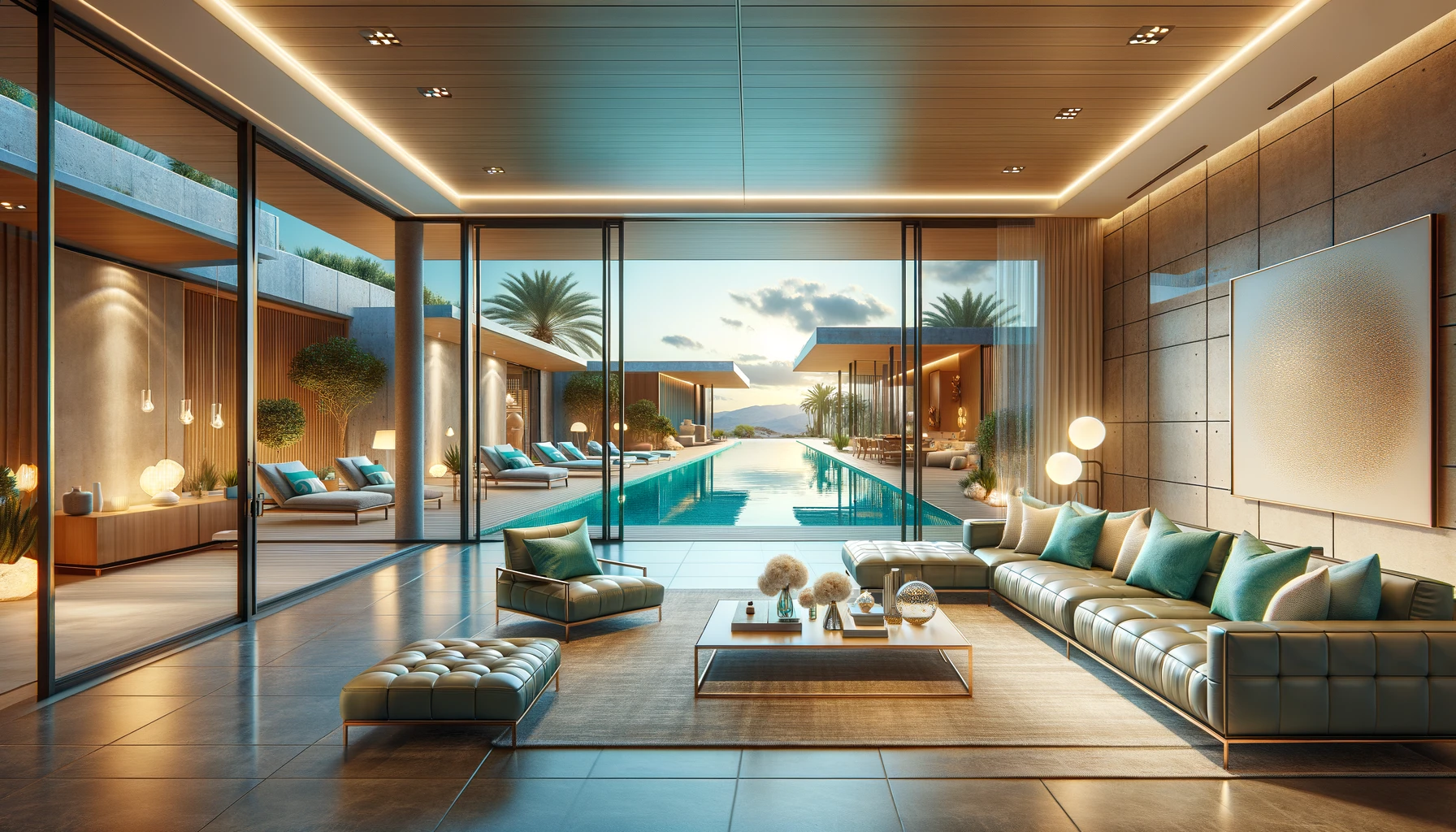 Optimize your rental listing with this image of a luxurious modern home featuring turquoise accents and an infinity pool, set against a desert landscape in a 16:9 format.