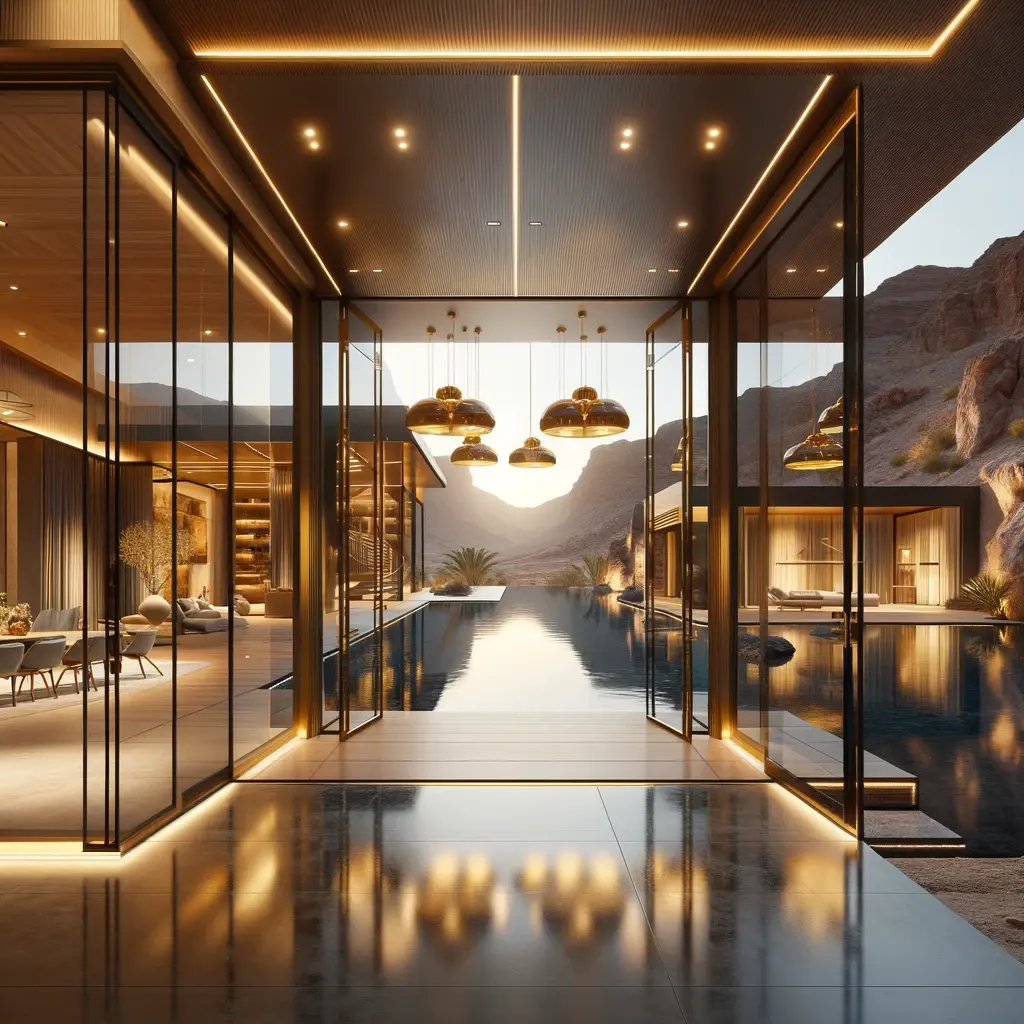 Property Marketing Plan Campaign of a Modern home interior with golden lighting and infinity pool leading to a desert view, reflecting a luxurious lifestyle