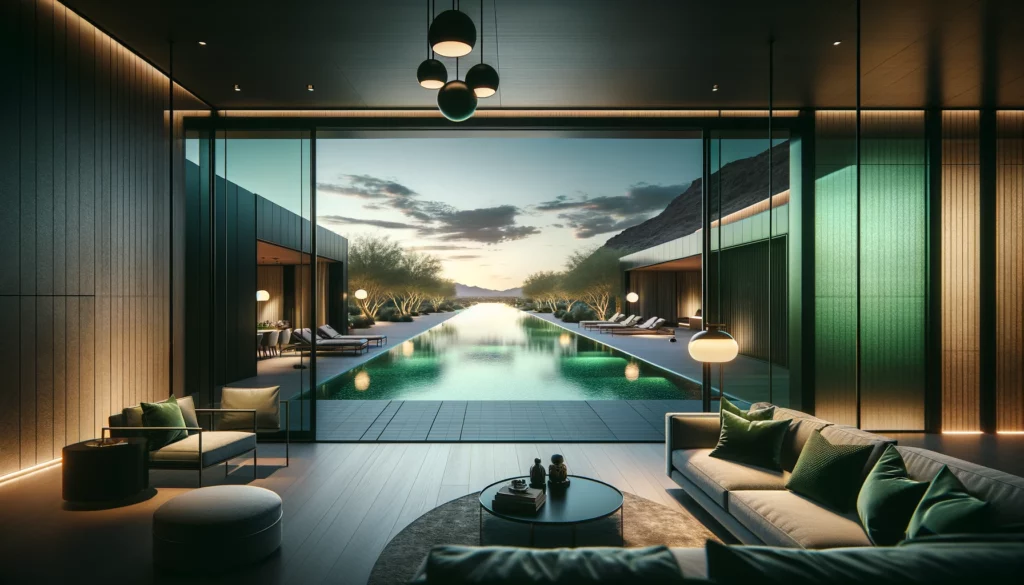 Modern Las Vegas Home Interior with Dark Green Accents, Infinity Pool View, and Sunset Hues