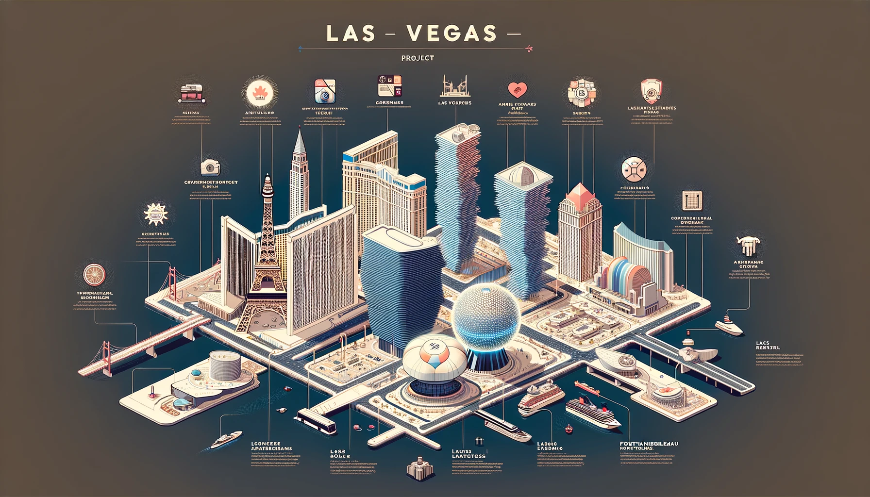 Infographic of Las Vegas architectural landmarks with symbols and minimal text.