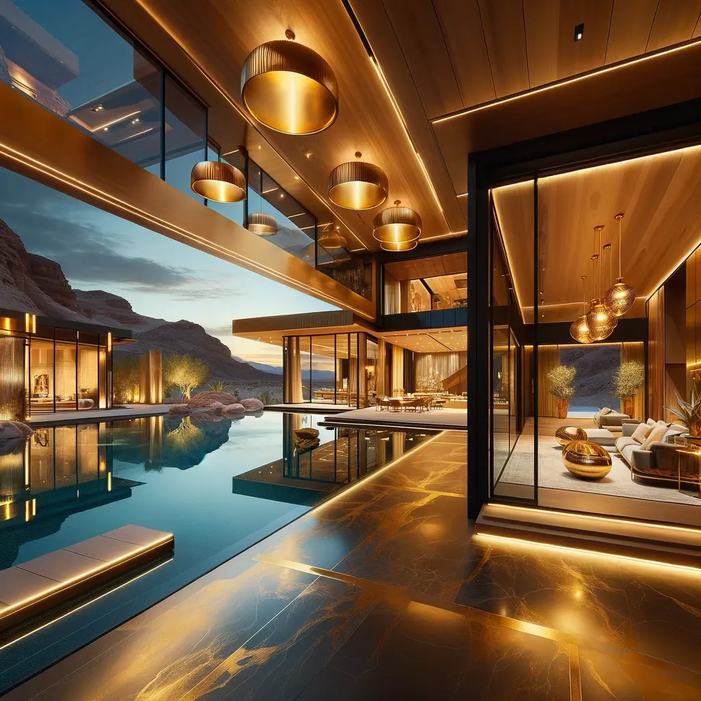 Luxurious home interior with golden lighting, floor-to-ceiling glass doors to infinity pool, and desert landscape background.