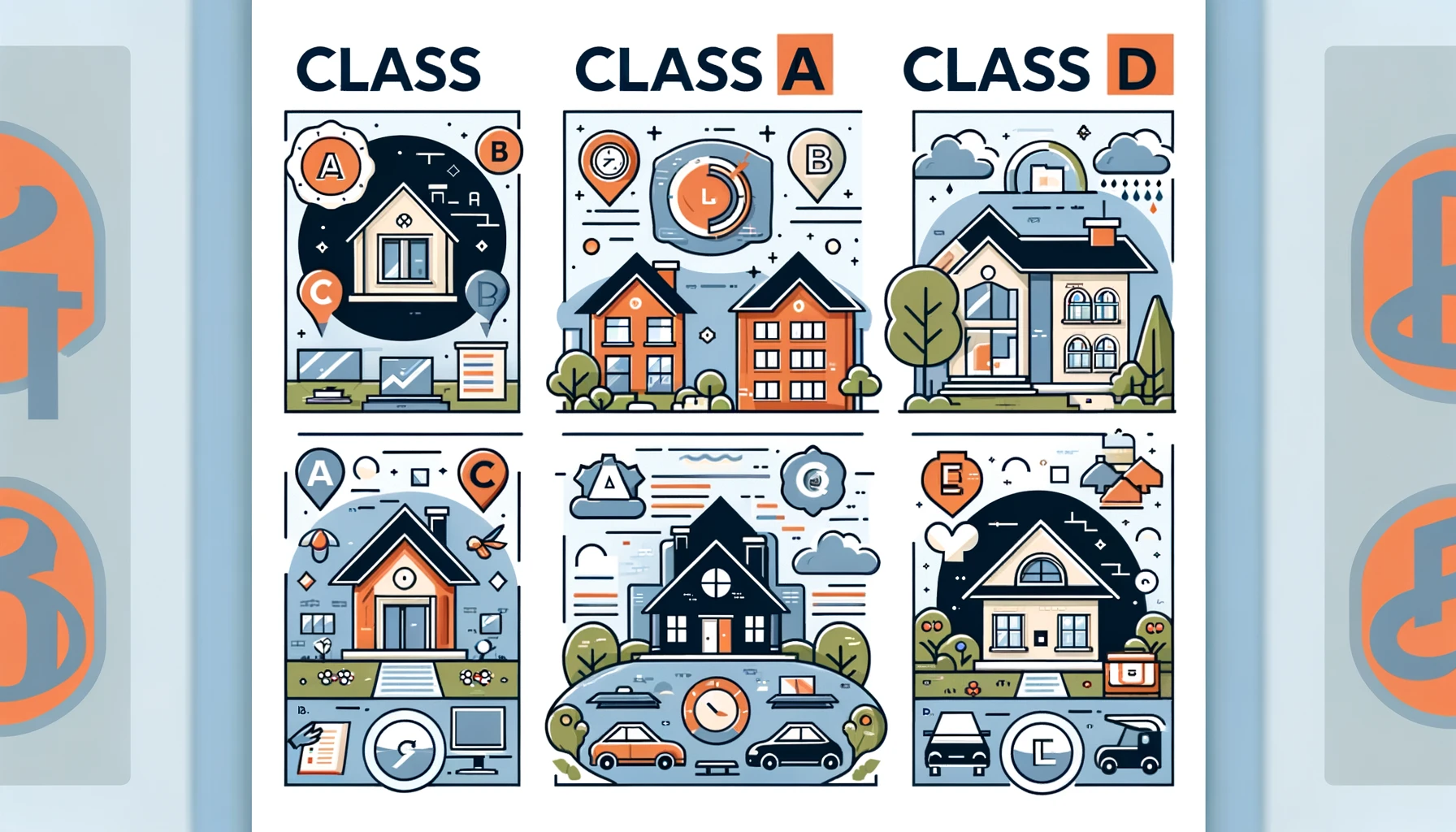 Wide-format infographic displaying icons indicative of Class A, B, C, and D real estate properties, illustrating quality and amenities without text