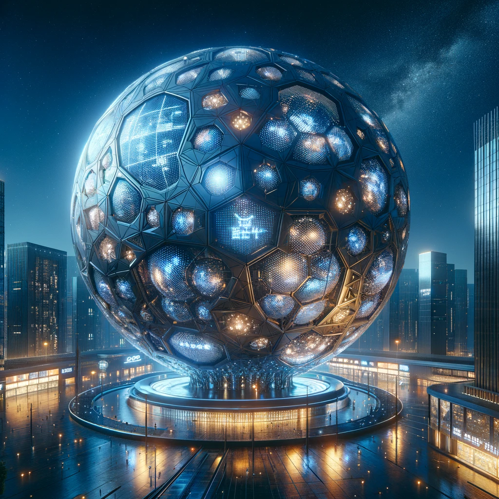 Illuminated futuristic sphere structure at night with urban backdrop.