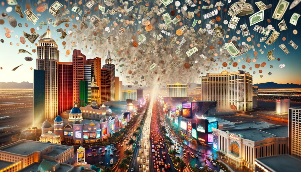 Money raining down on the Las Vegas Strip, showcasing the economic prosperity brought by sporting events.