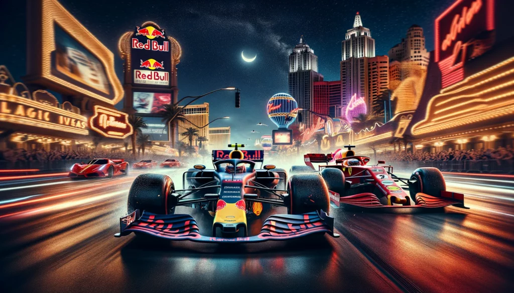 Las Vegas Grand Prix: Formula 1 Red Bull and Ferrari duel under the neon glow of Las Vegas.