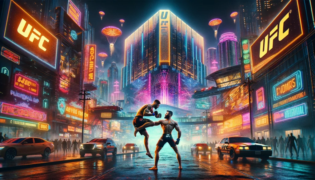 Two UFC fighters exchanging a powerful push in a neon-lit, cyberpunk Las Vegas with the UFC headquarters and a prominent UFC banner in the backdrop.