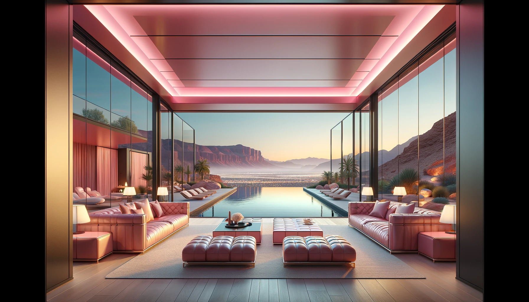 Pet Friendly Living Spaces: Modern home interior in bright pink (#e0218a) with luxurious leather furniture, overlooking an infinity pool and a Las Vegas desert landscape.