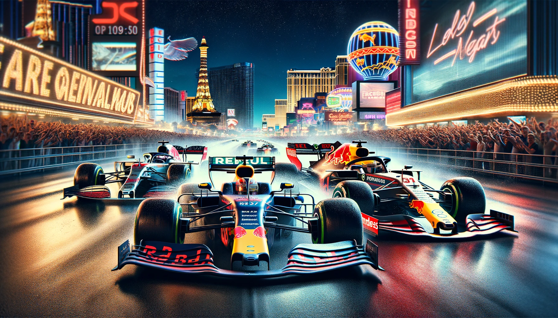 Formula 1 showdown with Red Bull, Ferrari, and Mercedes on the neon-lit Las Vegas Strip.