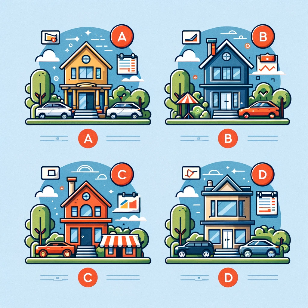 Infographic with icons representing real estate property classes A, B, C, and D, depicting varying levels of quality and amenities
