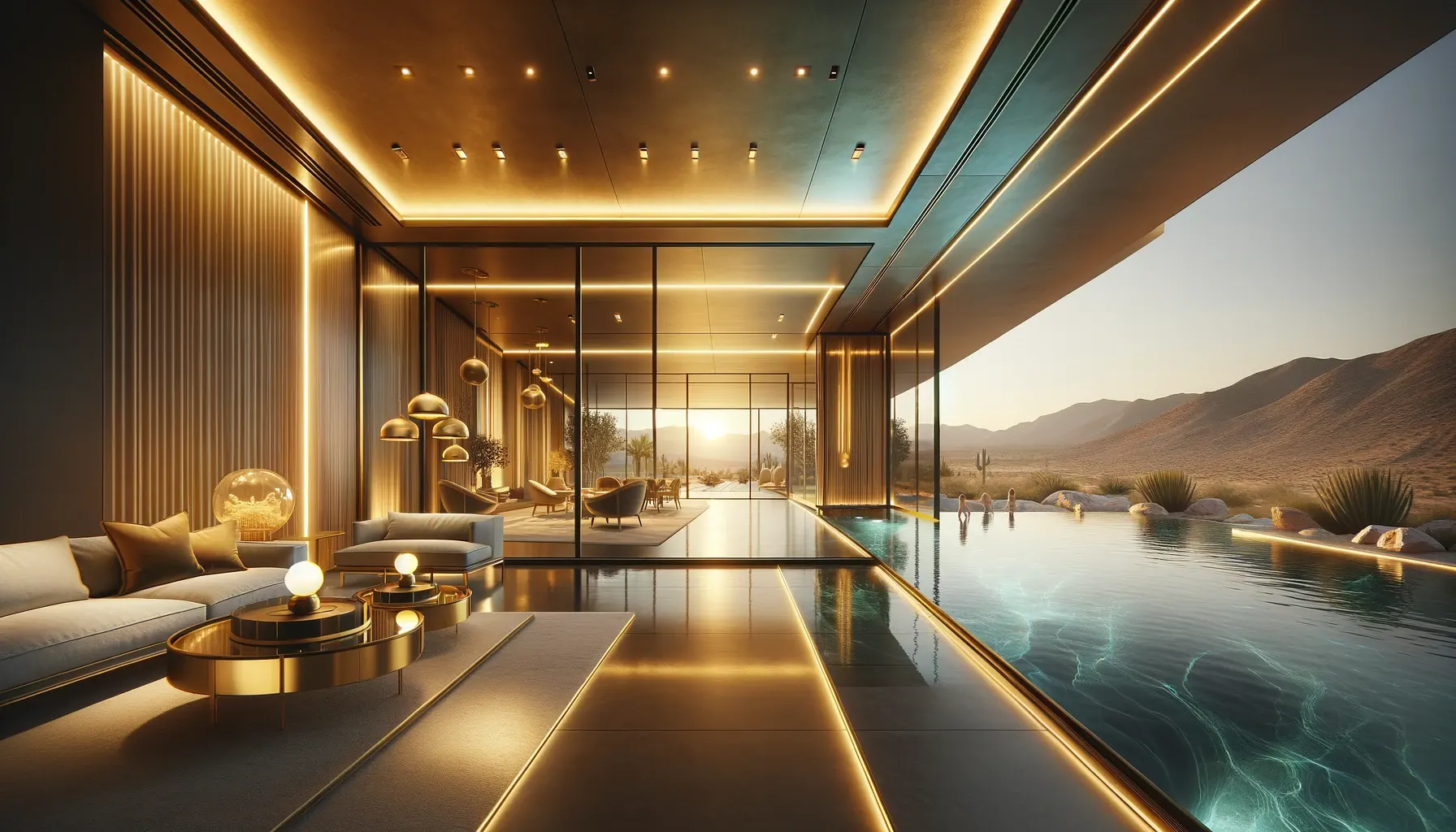 Expansive modern home interior with warm golden lighting and infinity pool opening to a desert landscape, in a 16:9 widescreen view.